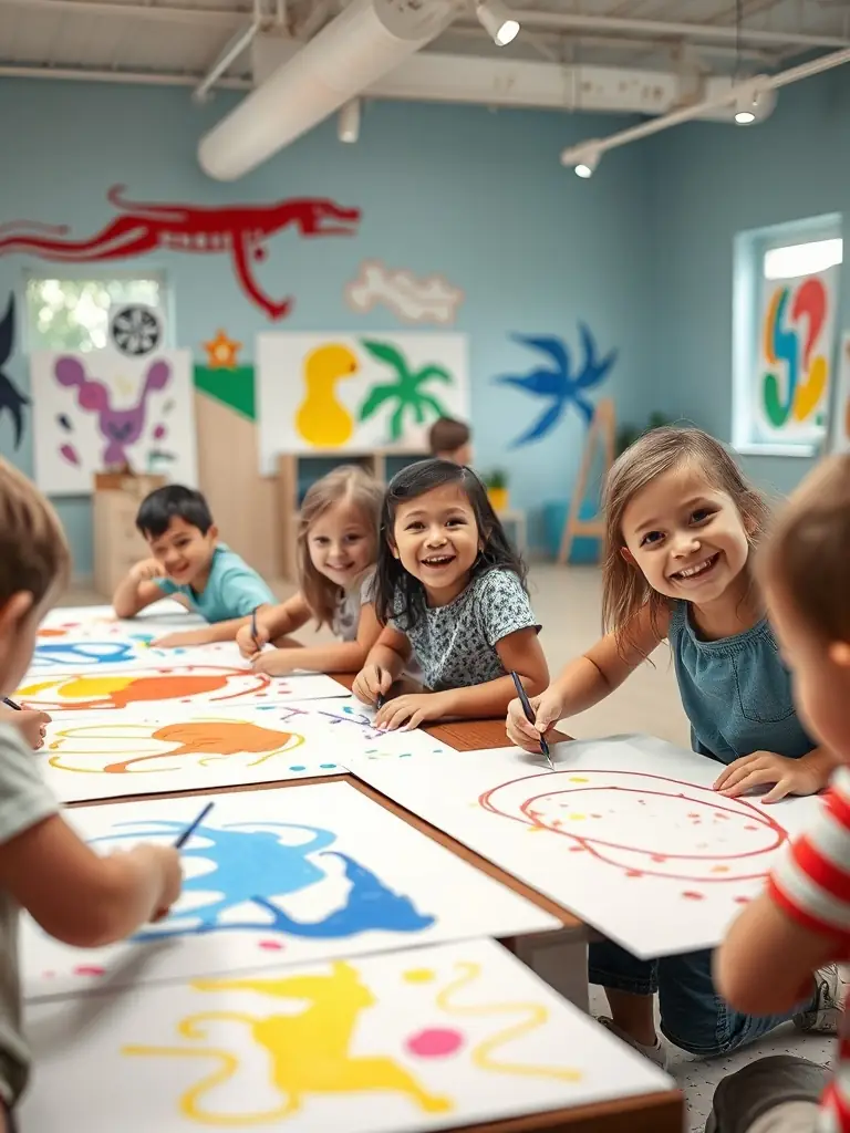 Children working together on an art project, expressing their creativity and imagination through painting and drawing, in a bright and inspiring studio setting.