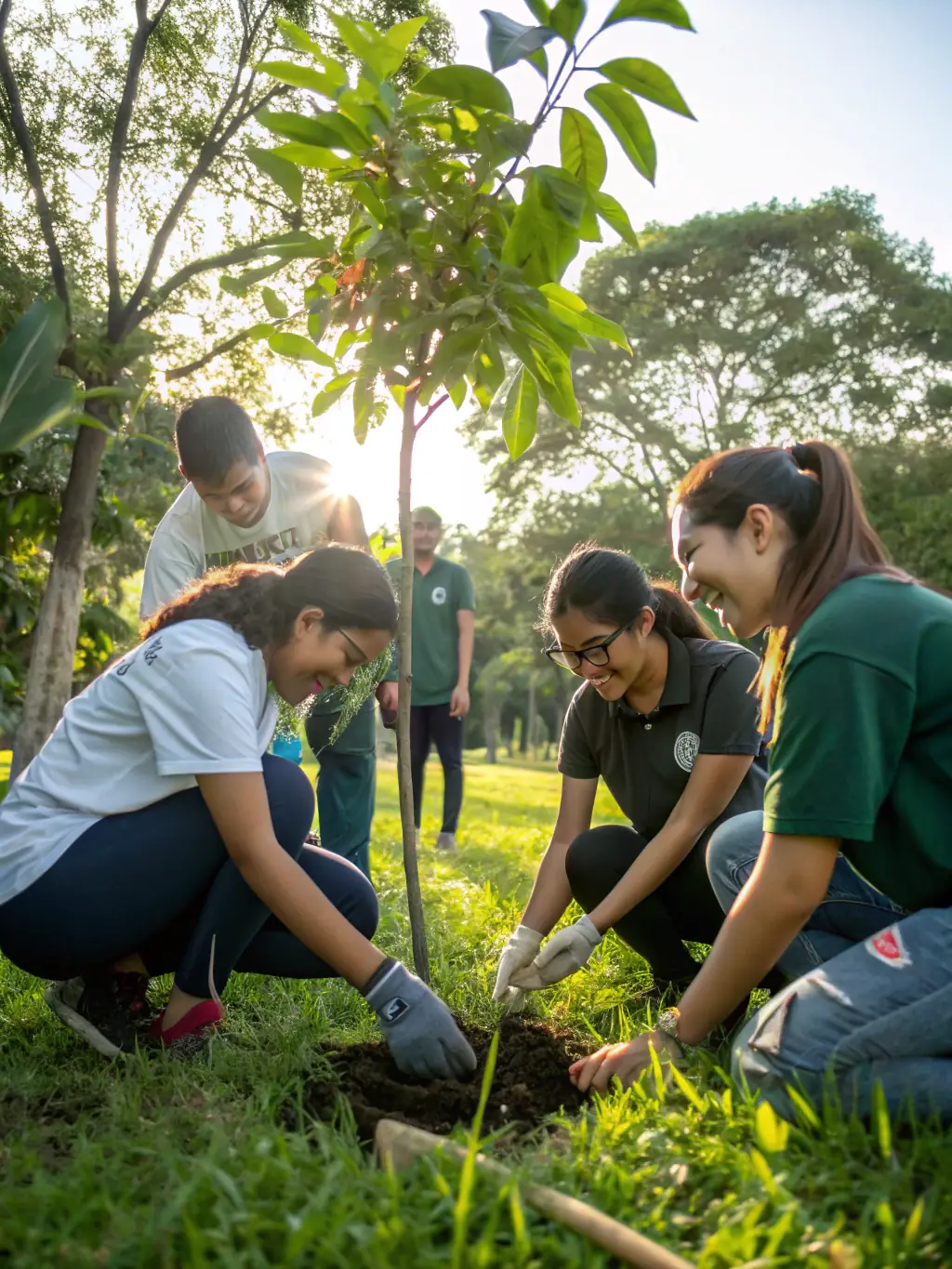 A group of children working together on a community service project, such as cleaning up a local park or planting trees, demonstrating the association's commitment to fostering a sense of community and social responsibility.