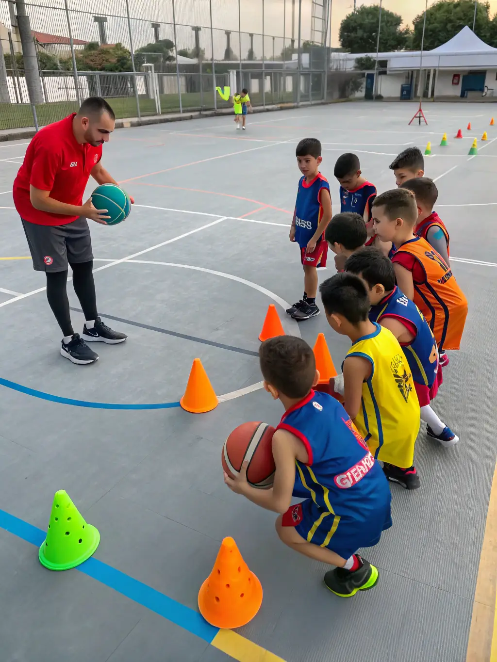 Children engaged in a basketball training session, focusing on dribbling and shooting skills, inside a gymnasium with the ASSOCIATION USEP DE GIBERVILLE logo visible.