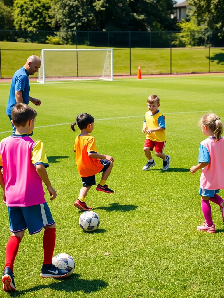 A group of children participating in a soccer clinic, wearing sports uniforms and actively engaged in drills, showcasing the association's commitment to promoting physical activity and teamwork.
