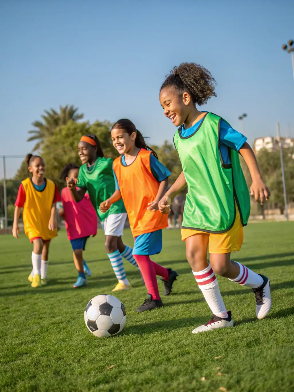 A group of children participating in a soccer game, wearing colorful jerseys and showing teamwork, set against a backdrop of a sunny field in Giberville.